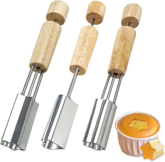 Cupcake Corer Set – 3 Styles Stainless Steel Core Removers with Wooden Handles | Multi-Shaped Dessert Center Cutter for Muffins, Cupcakes & Pastry Filling