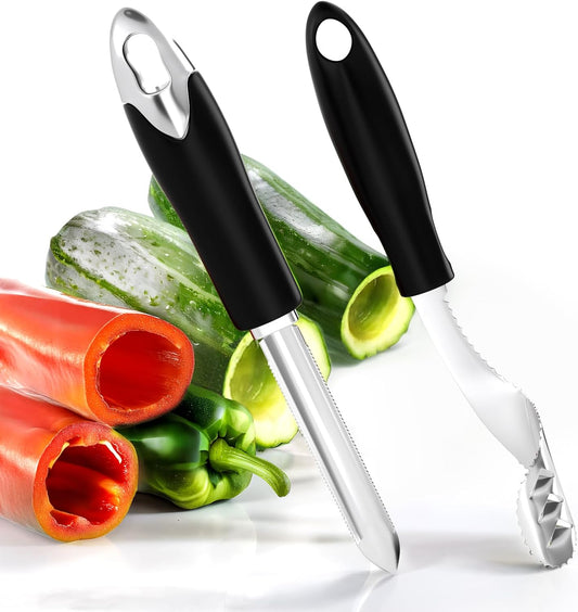 Coreer and Zucchini/Cucumber Coreer, Set of 2, Brand New Stainless Steel Seeder Kitchen Tool with Serrated Blade and Rubber Handle to Easily Remove Seeds or Cut Tops off Vegetables